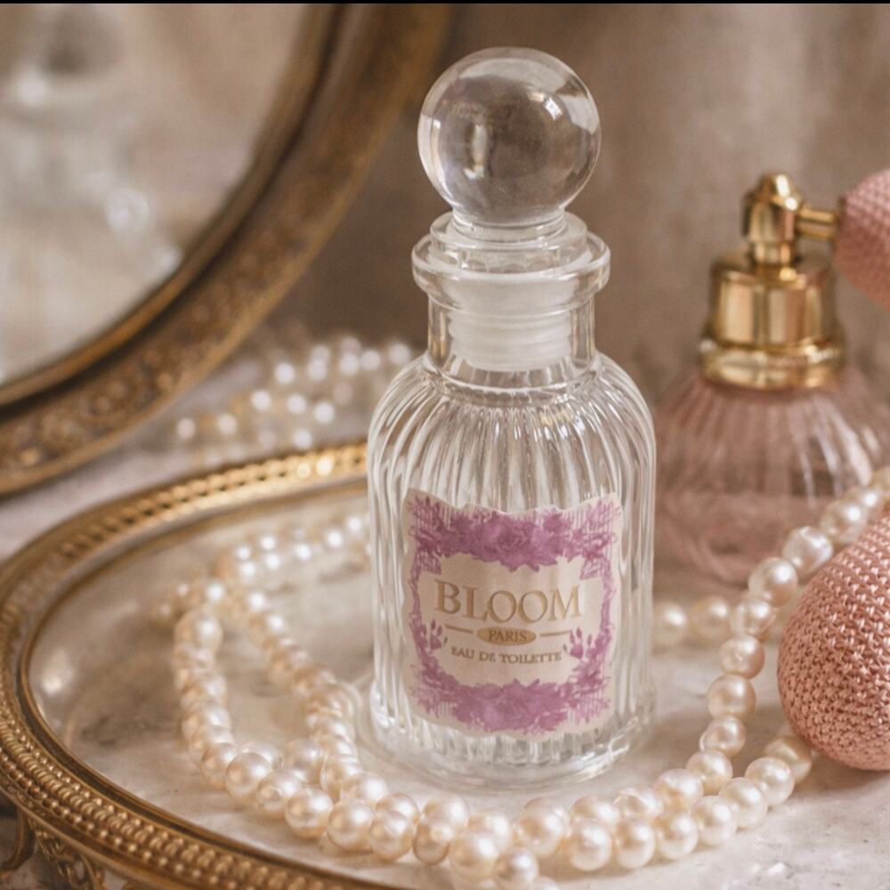 Bloom Glass Perfume Bottle Clear Ribbed Vanity Decor Stopper Floral Label